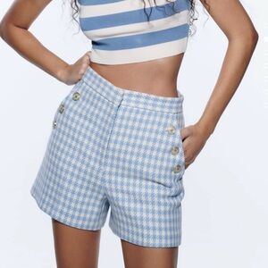 Zara Blue Houndstooth High-waisted Shorts